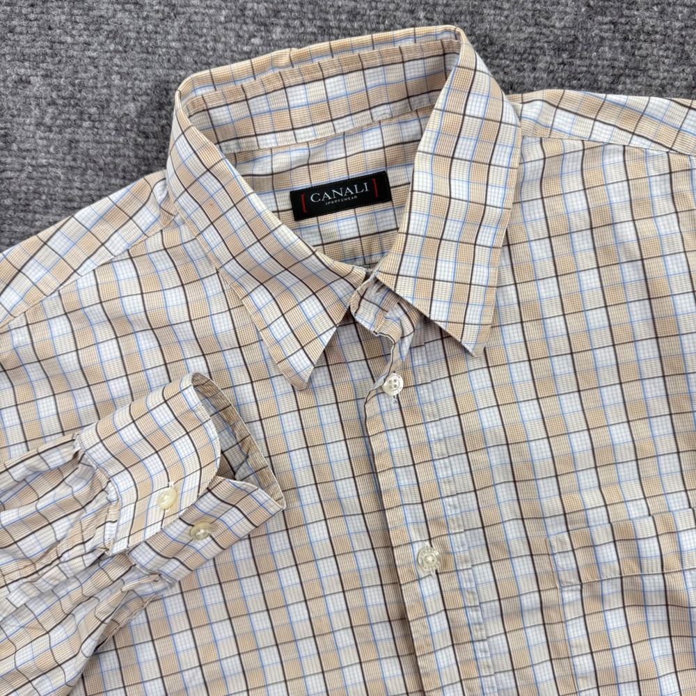 Canali Shirt Medium Sportswear Cream Plaid Button Down‎ Long Sleeve Cotton Men's
